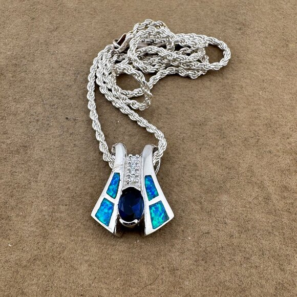 For My Love Sterling Silver Sapphire Opal Pendant 925 Silver Rope Necklace - Picture 3 of 5